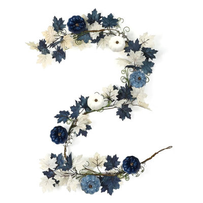 5.9Ft Fall Blue Garland Decor Long Thanksgiving Garland With Pumpkin Autumn Maple Leaves White And Blue Pumpkins Wreath Hanging Rustic Decor For Front Door Kitchen Fireplace Home Indoor Outdoor