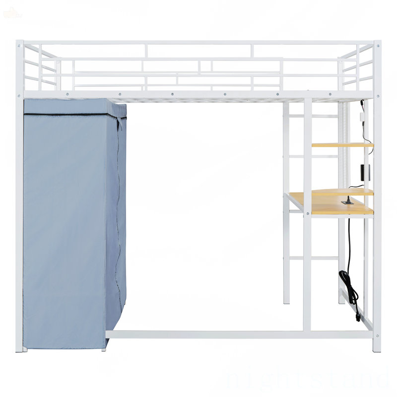 Lit mezzanine double en métal avec bureau, Blanc, Double