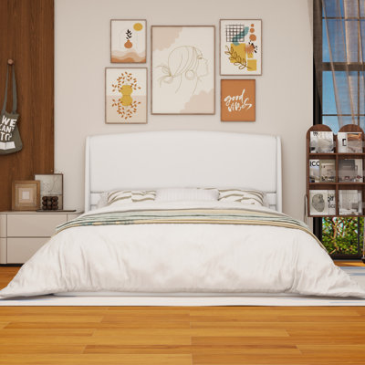 Upholstered Queen Bed Frame With Wingback Headboard, Low Profile Platform Bed With Padded Headboard, No Box Spring Needed, Easy Assembly, Elegant Linen Fabric, Beige