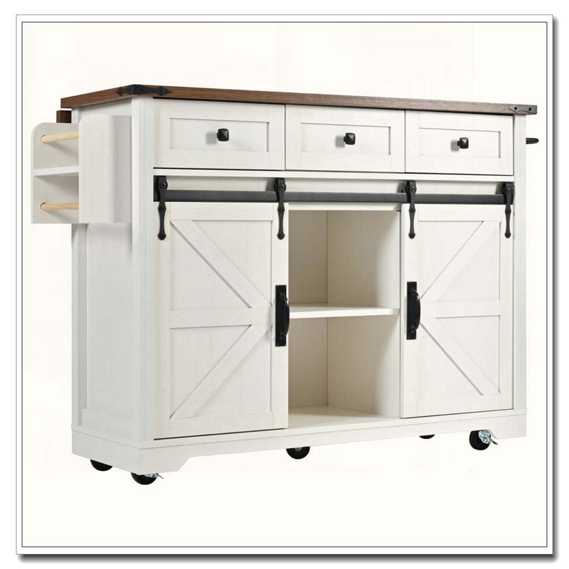 53.7" Farmhouse Kitchen Island with Sliding Barn Door & Power Outlet