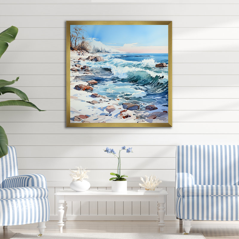 Océan, paysage d'hiver sur toile, Cadre doré simple, H 30 po x l 30 po x P 1 po