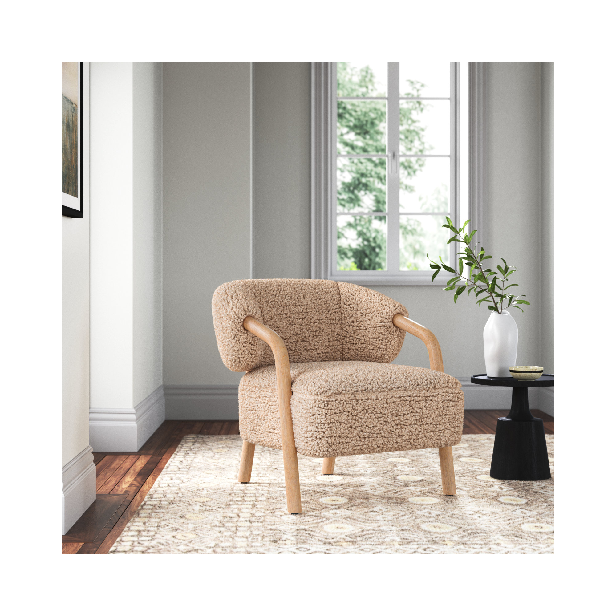 Citrine Shearling Upholstered Armchair, Andes Toast Faux Shearling, Almond Oak