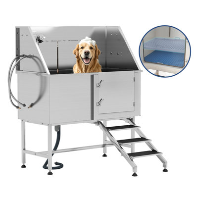 Ysacne Professional Dog Washing Station with Stairs, 304 Stainless Steel Pet Bathtub Features Showerhead, Easy Cleaning Pet Wash Tub (Right)