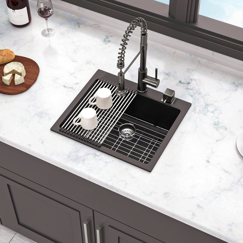Quartz Kitchen Sink - 25X22" Granite Composite Drop In Kitchen Sink, Stainless Steel