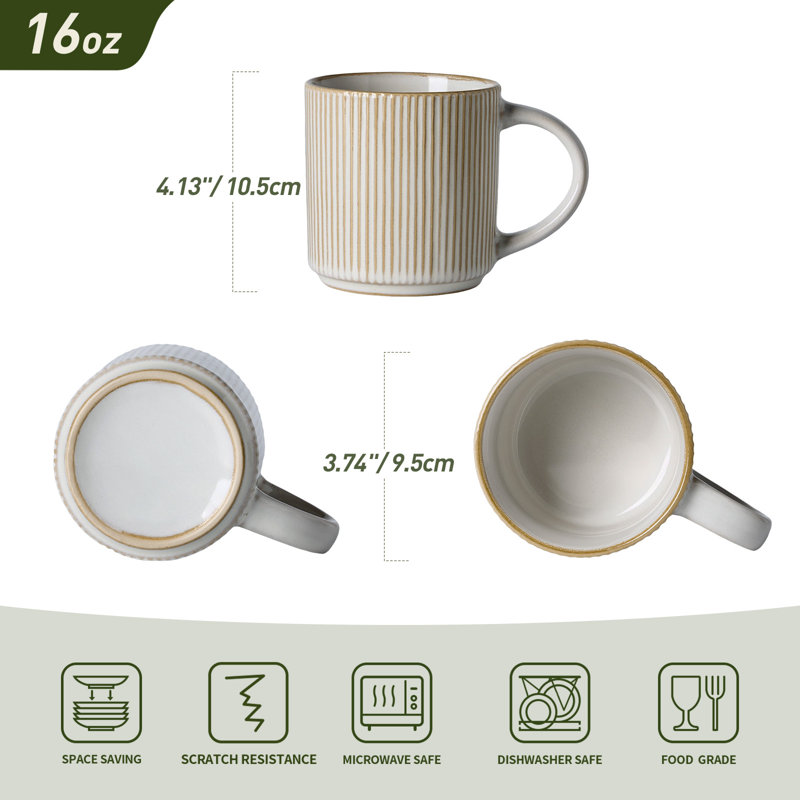 Ensemble de 6 tasses en grès 6 pièces 6 pièces (ensemble de 6), 16 oz, Blanc cappuccino