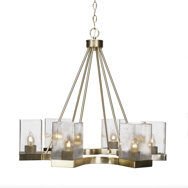 Nouvelle 6 Light Uplight Chandelier Shown In New Age Brass Finish With 4" Square Clear Bubble Glass