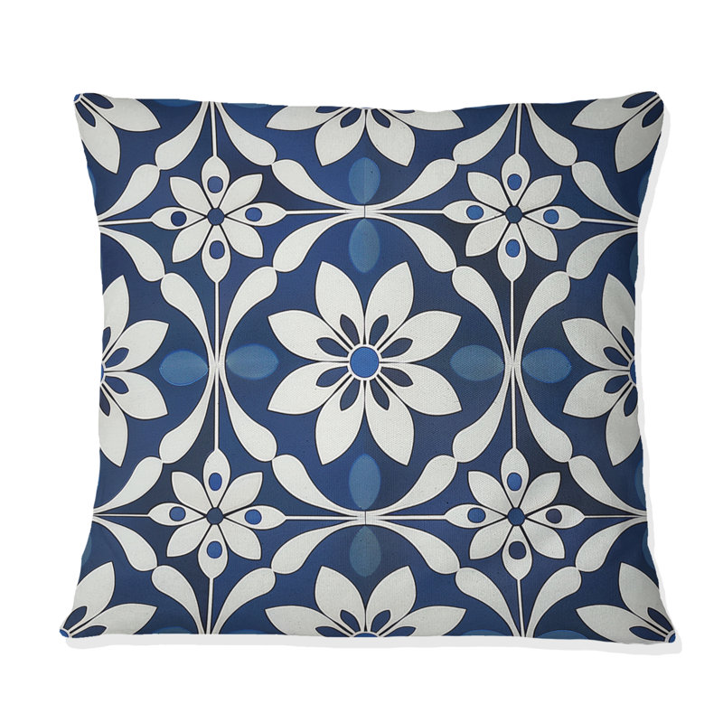 Blue White Timeless Floral Geo Tile II - Transitional Throw Pillow, 16"H x 16"W