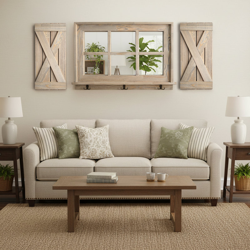Farmhouse 6-Pane Window Mirror with X-Style Shutters, Light Brown