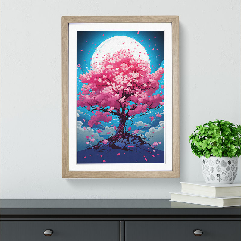 Cherry Blossom Tree Pop No.2 - Single Picture Frame Print on Wood, 34cm H x 25cm W x 2cm D, Oak Framed