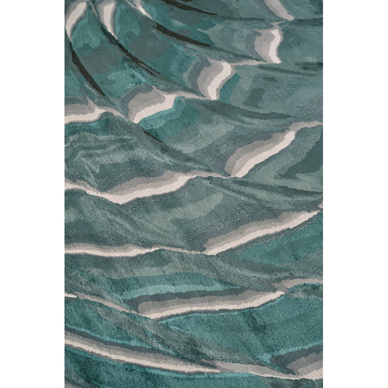 River Hand Knotted Wool/Silk Abstract Area Rug in Teal/Gray/Ivory by Chihuly, Rectangle 4' x 6'