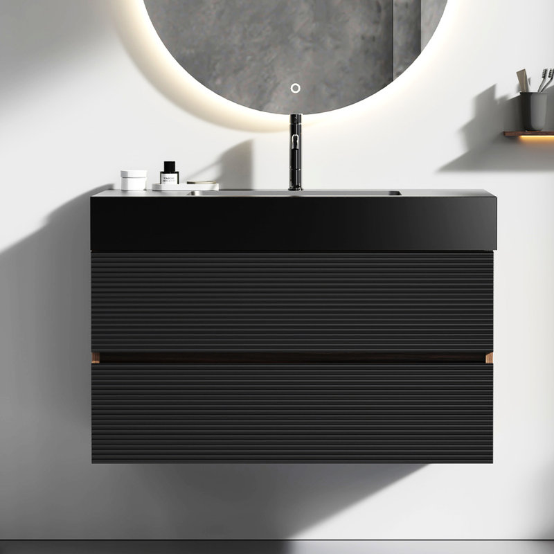 Meuble-lavabo de salle de bain avec charnières noires, structure en noyer moderne à fixation murale, solution de rangement