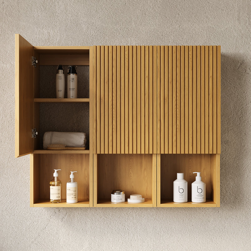 Armoire de salle de bain de 41 po - 3 armoires avec portes en contreplaqué à texture de bois de chêne et sections ouvertes semi-françaises à rainure 3D