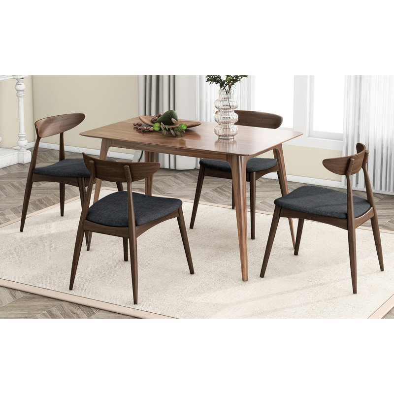 Ensemble de salle à manger de style Mid-Century moderne, 1 table rectangulaire et 4 chaises confortables, 100% bois d'hévéa, plateau de table en faux bois avec peu d'entretien, support de chaise ergonomique, coussins moelleux, noyer et gris anthracite, pour