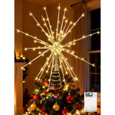 LED Starburst Christmas Tree Topper, Golden Lighted Star with 100 LEDs, Timer and Battery Power