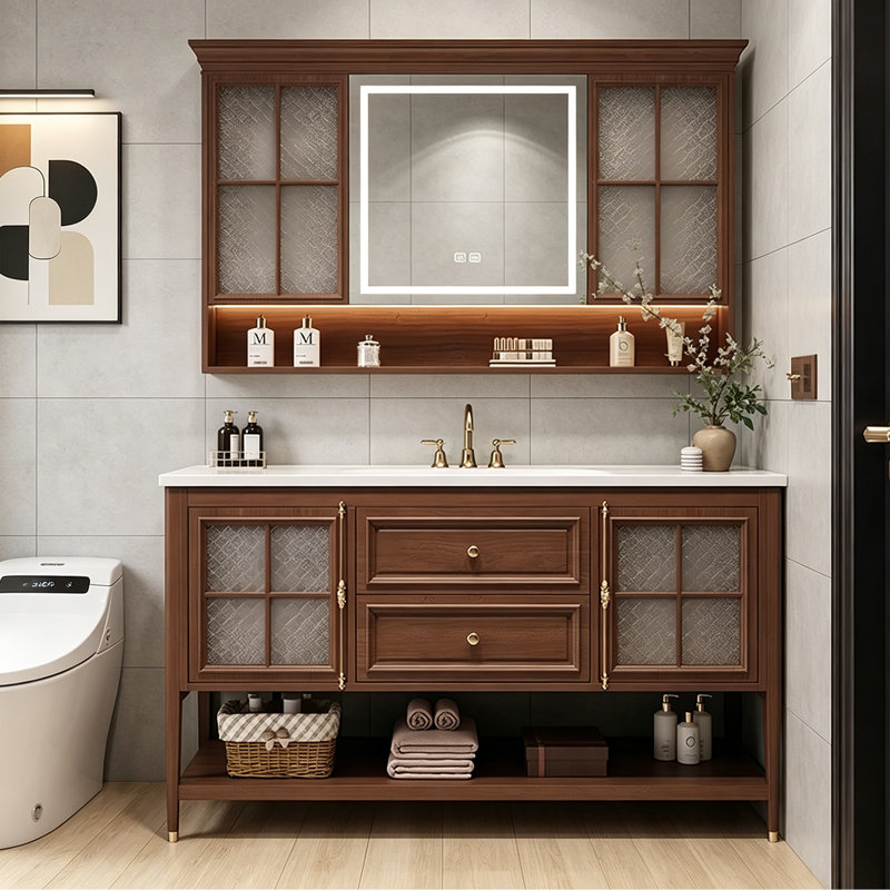 Rangement rétro pour salle de bain en pierre frittée brun noisette