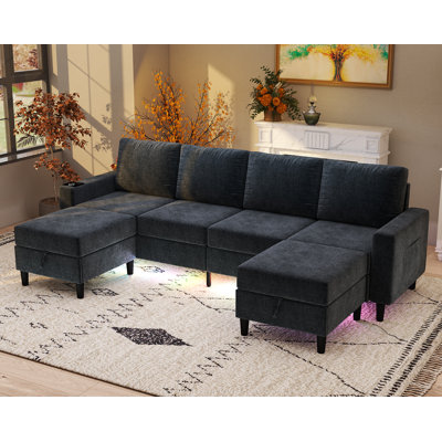 6 Seat Chenille Sectional Sofa With Smart Module-Wireless Charging/Usb/Type-C/Rgb Light