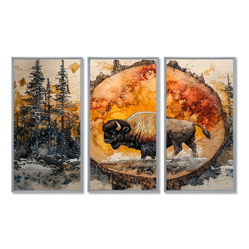Bison américain dans une glissade en bois, paysage de forêt I - art mural bison pour le salon - ensemble de 3, Argent argent