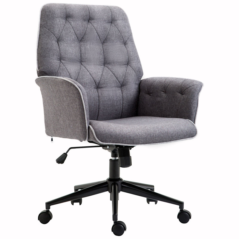 Chaise de bureau en lin avec dossier capitonné à hauteur, roues pivotantes