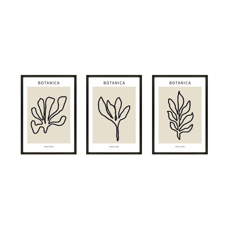 Bojan Foglio Botanica par Romina Gadler - Ensemble de 3 reproductions d'art encadrées, Papier avec cadre noir