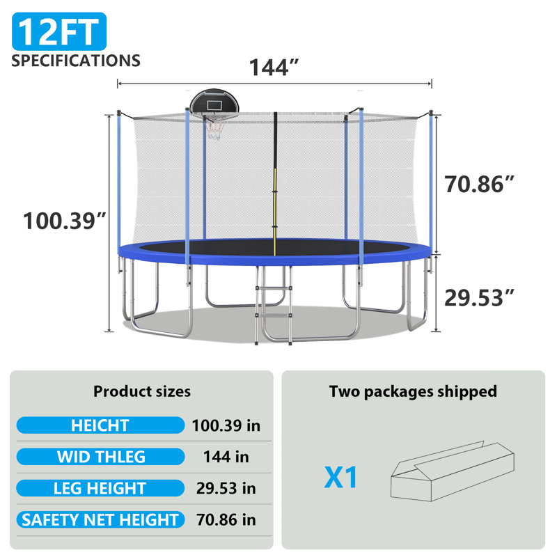 12FT Round Backyard Tranpoline with Safety Enclosure Net and T-Hook for Kids and Adults