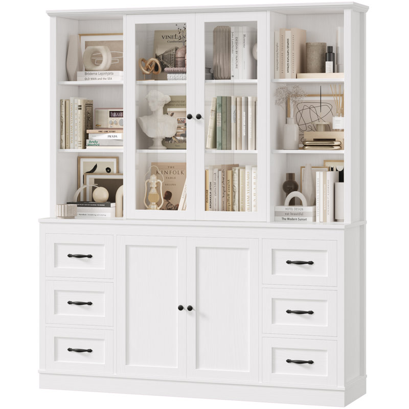 63" Wood Bookcase With Glass Doors & Drawers, White