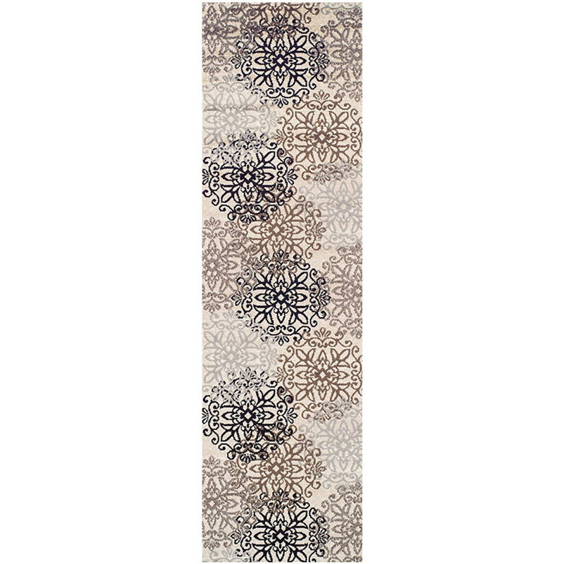 10' Beige Black and Gray Floral Medallion Power Loom Runner Rug, Runner 2'8" x 10'