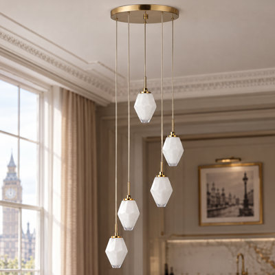 Luminaires suspendus 12 "à 5 lumières en laiton antique avec motif de nuage en verre taillé en forme de losange