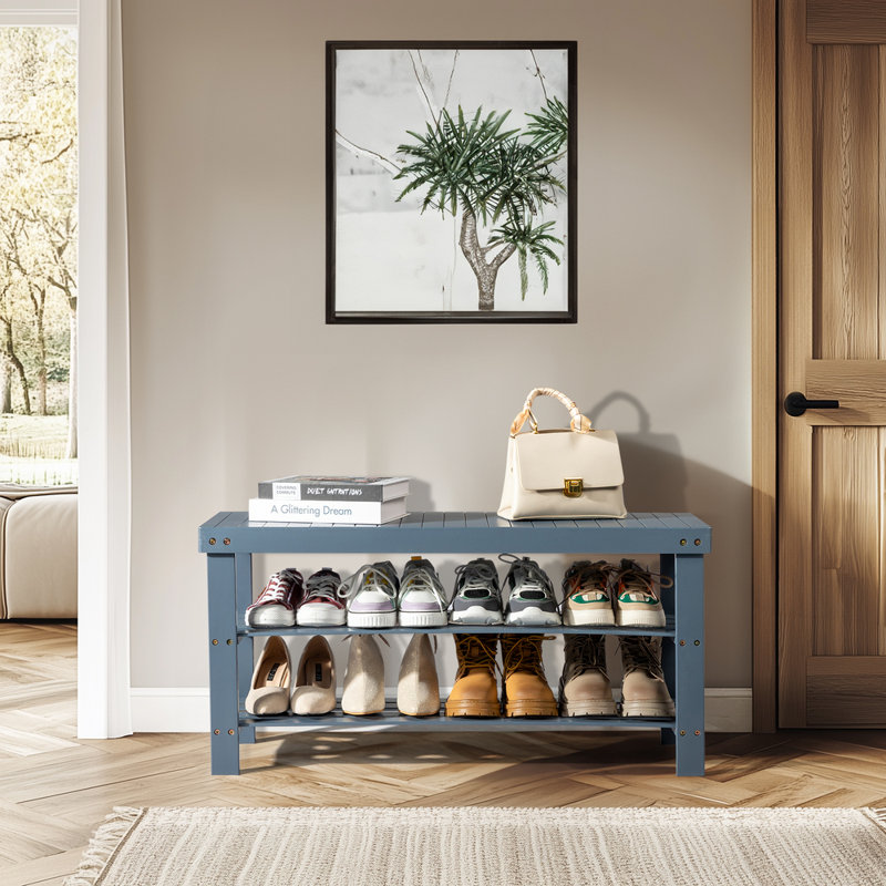 Babb Wood Shelves Storage Bench, Gray