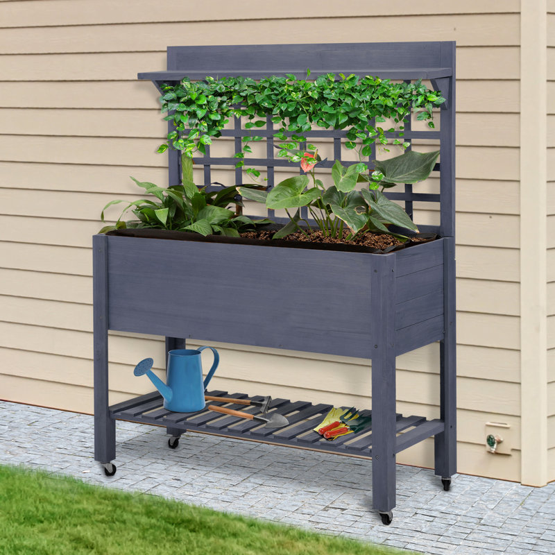 Lit de jardin surélevé en bois avec treillis, jardinière surélevée de 41 po pour le style, treillis et roues gris, herbes et fleurs