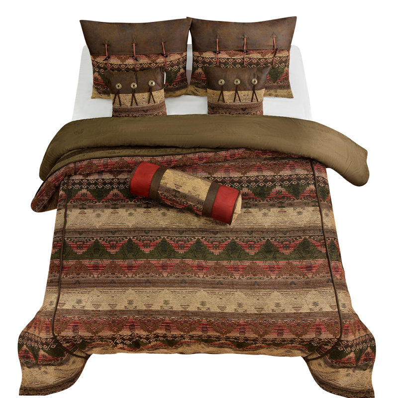 Sierra Brown/Red/Tan Aztec Print Western Rustic 7 Piece Comforter Set, Twin Comforter + 4 Additional Pieces