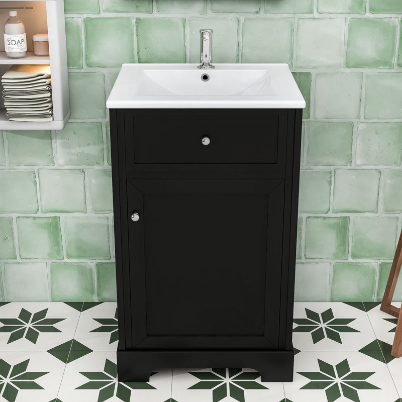 Meuble-lavabo simple en bois autoportant avec lavabo en céramique, porte à fermeture en douceur et grand espace de rangement