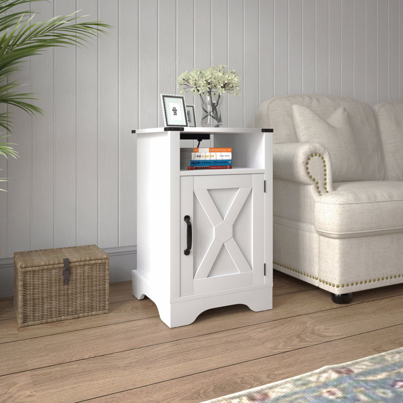 Table de chevet (table de chevet), table de bout rustique Woodenen, table de chevet haute avec prises de courant, Blanc, 2