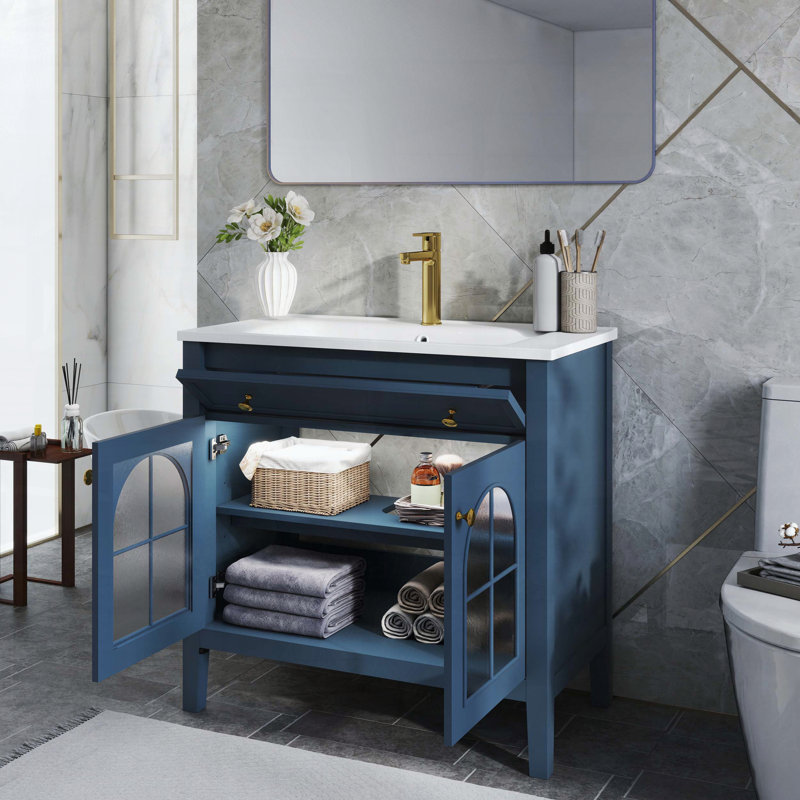 Meuble-lavabo Mid-Century avec capteur de mouvement et verre à motif, bleu, Bleu