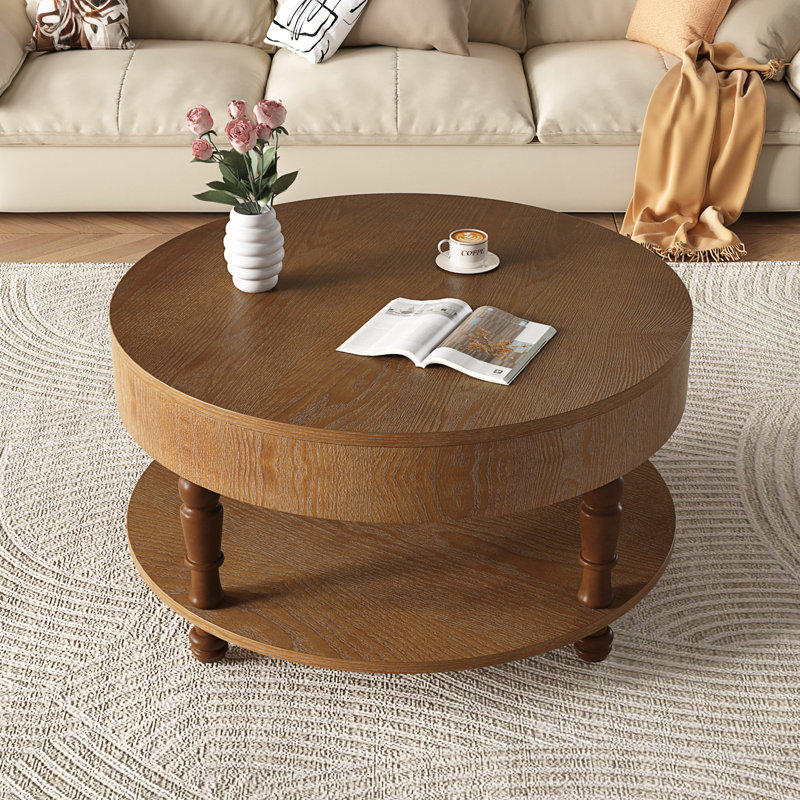 Table basse avec rangement double pour le salon, table basse ronde moderne de 31,5 po avec rangement et compartiment caché, pieds de nivellement réglables, assemblage facile (noyer)