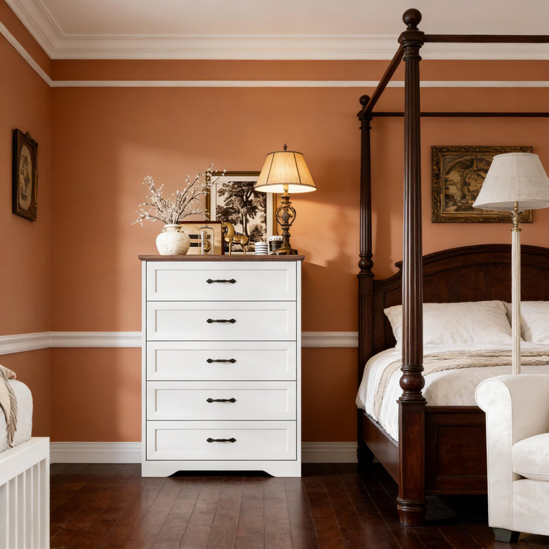 Wooden Drawers Dresser with Metal Handles for Bedroom and Living Room,, Brown/White