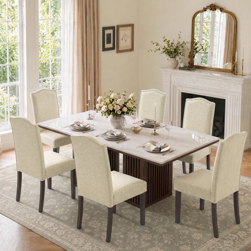 Stylish Upholstered Parsons Dining Chair PU Faux Leather With Silver Nailhead Trim And Sturdy Solid Wood Legs, Beige