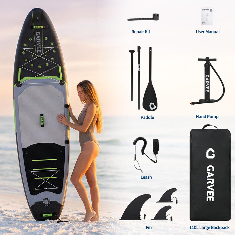 Planche de pagaie gonflable 11 pi 6 po, conception large et stable, plate-forme antidérapante en EVA, support de caméra intégré, accessoires de SUP complets pour adultes et jeunes