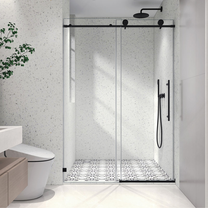 une porte de douche fixe et une porte décalée sans cadre, de grandes poulies en acier inoxydable 304 de 70 mm avec une fonction de fermeture en douceur réglable, un nettoyage facile, un bâton anti-déflagrant