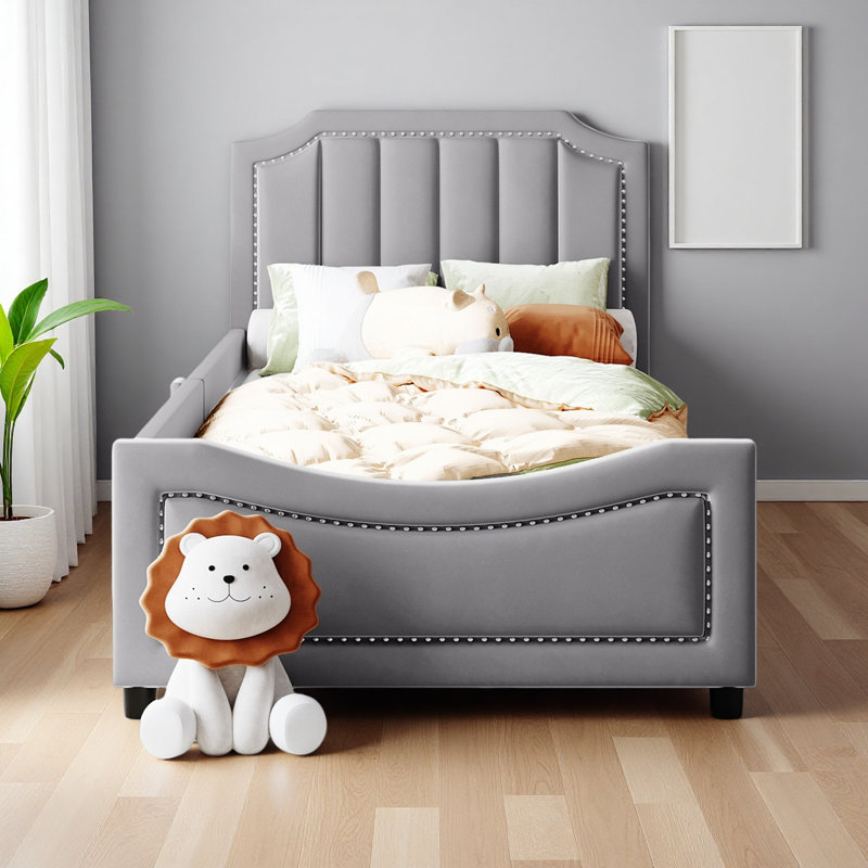 Twin Size Upholstered Daybed With Classic Stripe Shaped Headboard, Gray