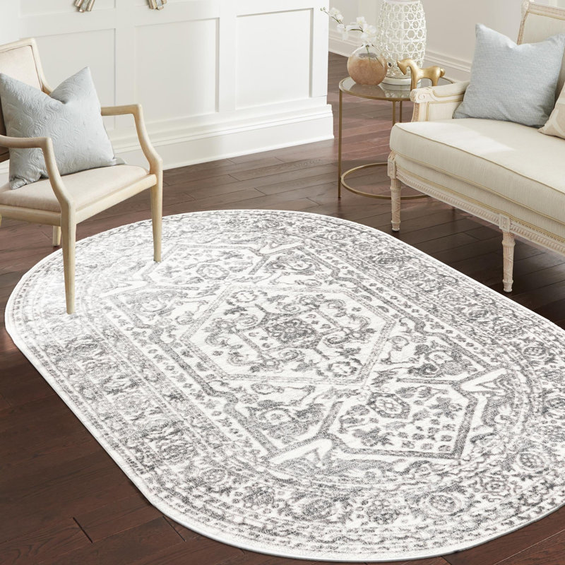 Tapis traditionnel urbain gris-blanc, Ovale 3 pi 3 po x 5 pi 3 po