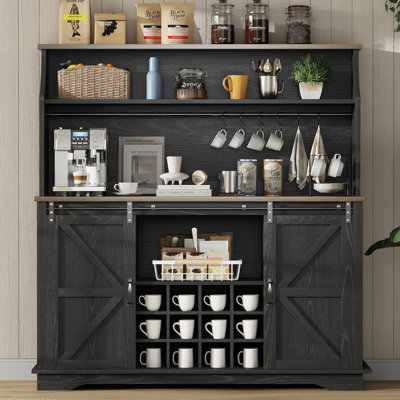 55 Inch Farmhouse Coffee Bar Cabinet with 3-Tier Storage, Kitchen Hutch with 12 Wine Racks & 3 Glass Holders, Coffee Bar with 6 Hooks, Wine Bar Cabine by Gracie Oaks