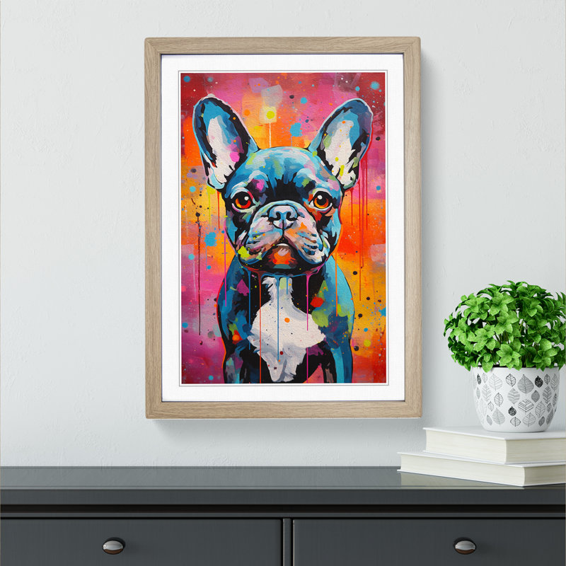 French Bulldog Contemporary No.3 - Single Picture Frame Print on Wood, 46cm H x 34cm W, Oak Framed