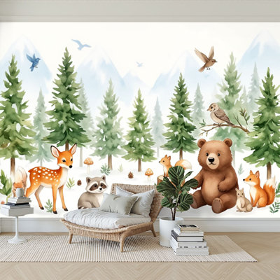 Wall Mural Peel and Stick Wallpaper Pine Trees Forest Animals Mountain Bear Woodland Deer Fox Raccoon Self-Adhesive Removable Contact Paper Wall Decor for Living Room Bedroom 100"H x 144"W