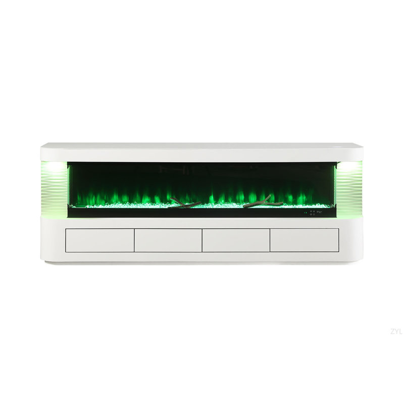 Meuble télé de style contemporain avec foyer électrique à 3 niveaux et boîte à flammes avec finition blanche et salon principal
