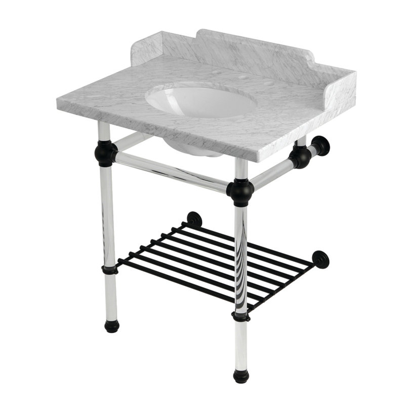 Kingston Brass Pemberton 30-Inch Carrara Marble Console Sink with Acrylic Legs and Shelf (8-Inch, 3-Hole)