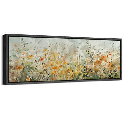 Green Orange Abstract Wildflowers Artwork, Watercolor Paint Strokes Effect Wall Pictures, Giclee Canvas Digital Print Extra Large Framed Wall Art