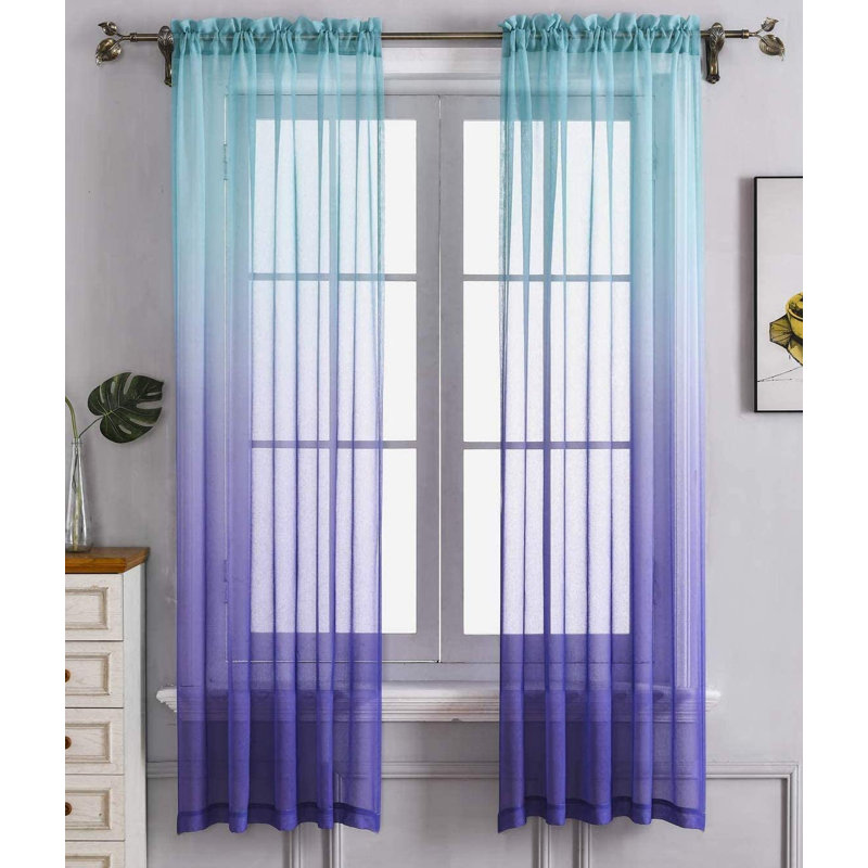 Ombre Sheer Semi Sheer Curtains / Drapes Pair, 57" W x 84" L, Teal Pink