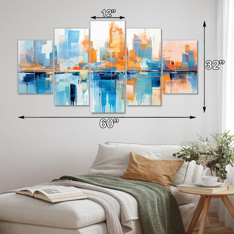 Copper - Art mural abstrait paysage 5 pièces, H 32 po x l 60 po