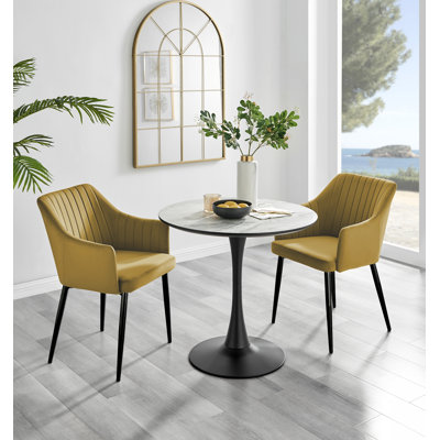 White Marble Effect Round Dining Table And 2 Luxury Velvet Dining Chairs