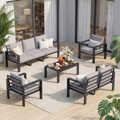 5-piece Aluminum Outdoor Sectional Sofa Set With 4" Thick Cushions, All-weather Rust-resistant Patio Furniture With Coffee Table & Ergonomic Deep Seating (light Gray Cushions)